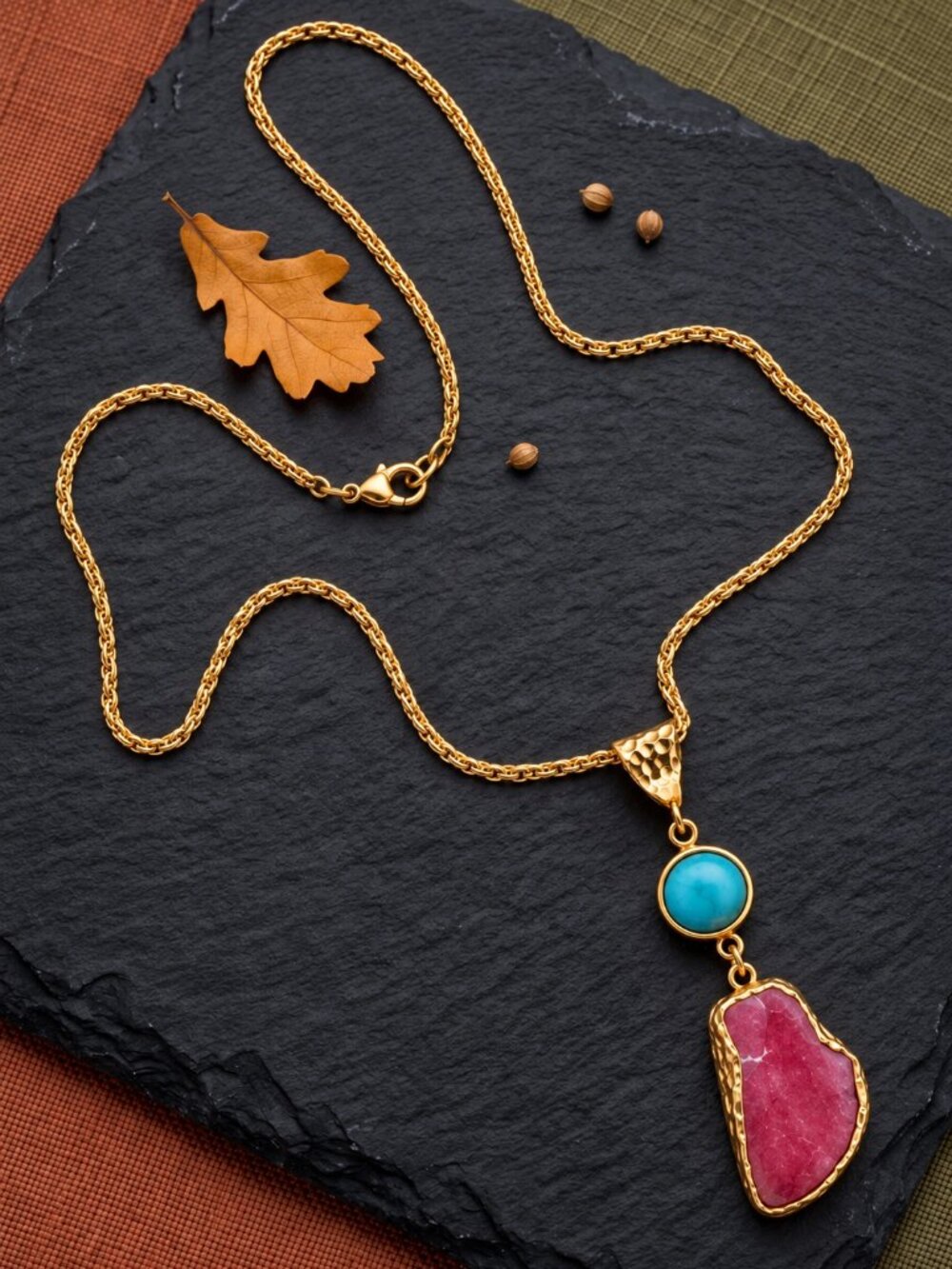 Turkish Turquoise Red Druzy Pendant Necklace 18K Gold Plated Artisan Boho 19"L
